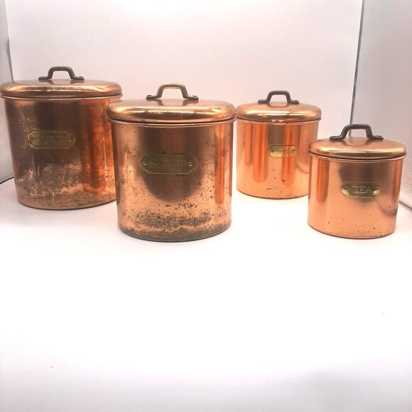 Vintage Copper Kitchen Canister Set Flour Sugar Coffee Tea Rustic Farmhouse - Picture 1 of 12
